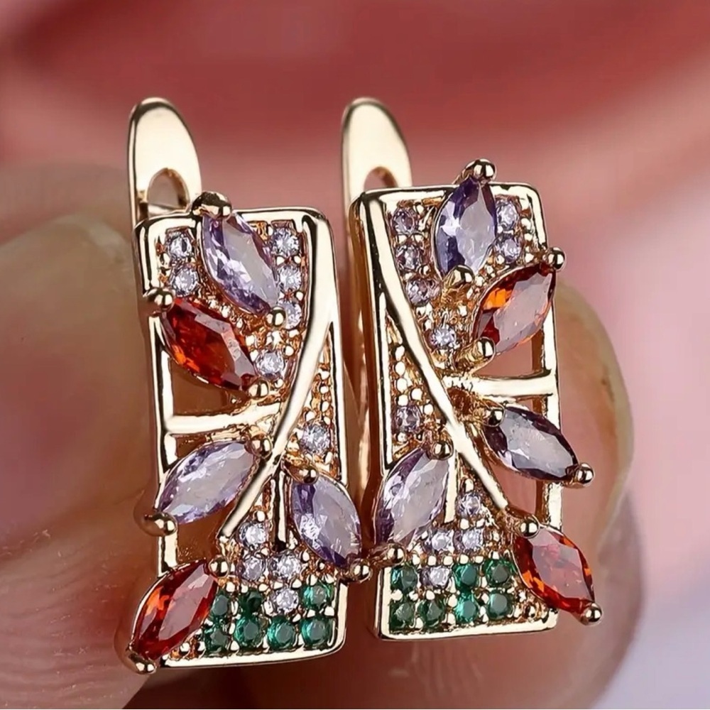 Gold Earrings with Purple and Red Accents.
